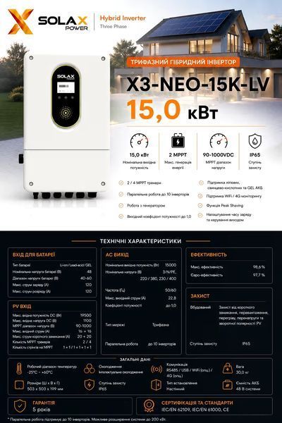 SOLAX 15 кВт трифазний гібридний інвертор X3-NEO-15KLV 0037 фото